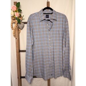 Johnnie-O Performance Plaid Button Down Shirt Mens XL Blue Tan Bamboo Stretch